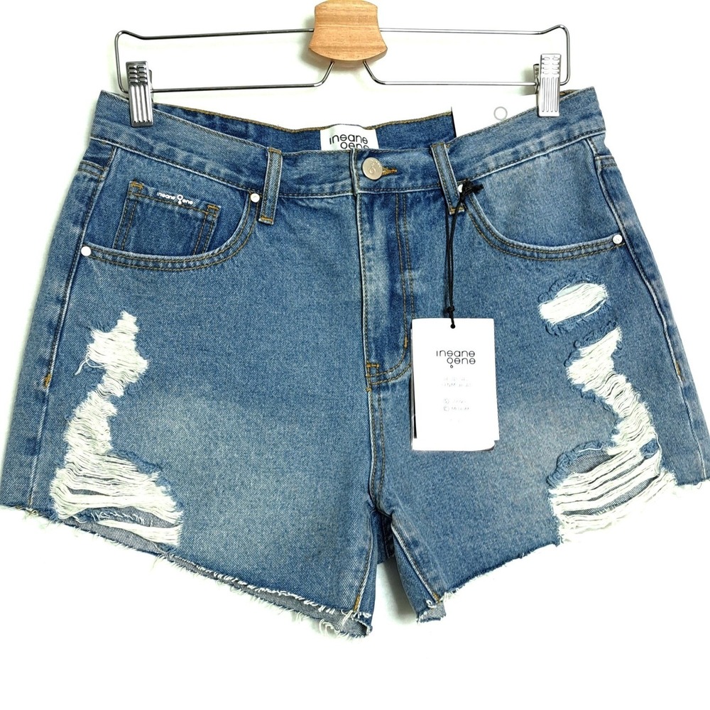 Insane Gene Denim Shorts Womens L‎ Blue High Rise Distressed Raw Hem NWT